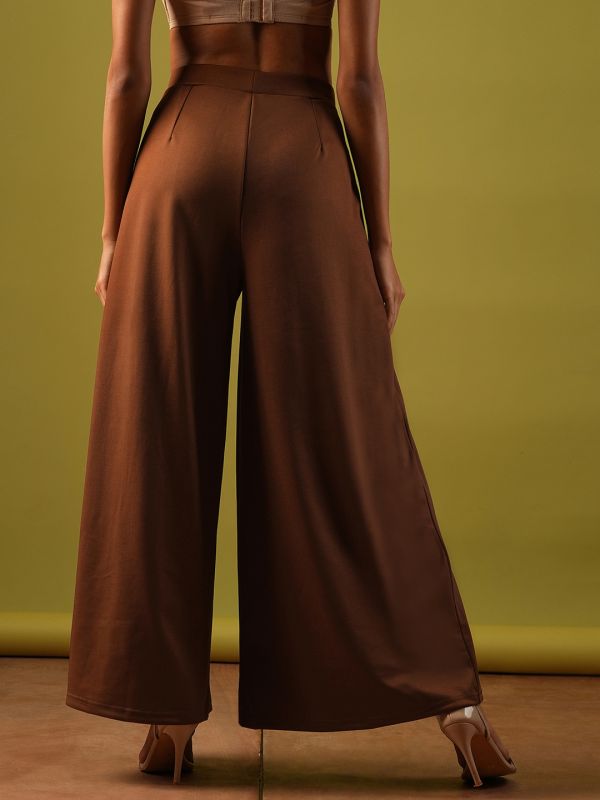 Globus Women Rust Solid Stretchable High-Rise Pleated Flared Wide Leg Workwear Treggings
