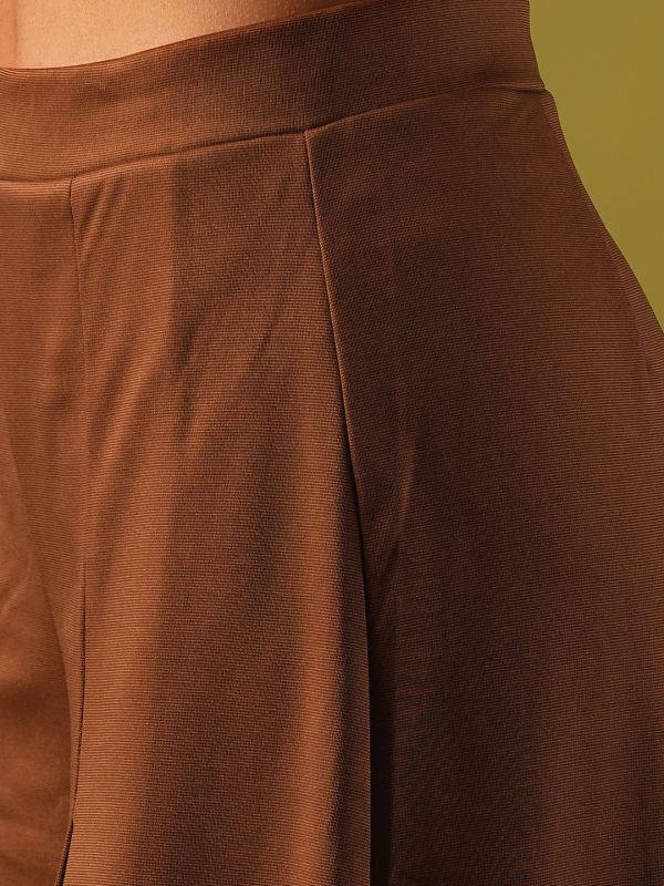 Globus Women Rust Solid Stretchable High-Rise Pleated Flared Wide Leg Workwear Treggings