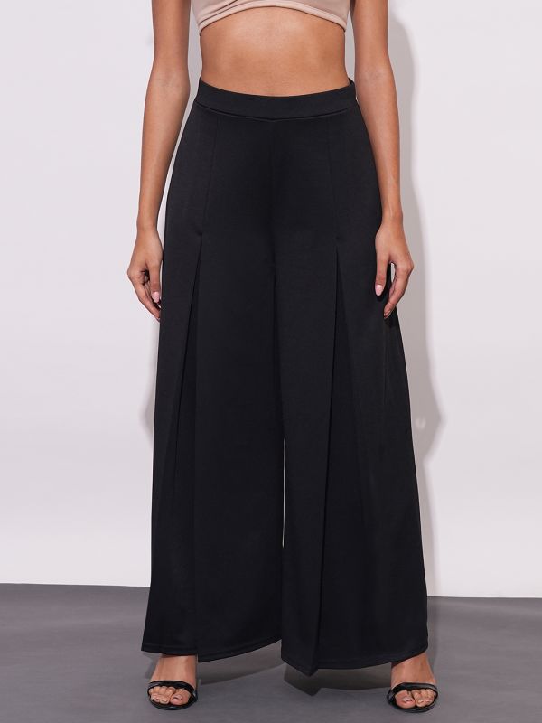 Globus Women Black Mid-Rise Relaxed Fit Casual Flared Wide Leg Casual Treggings