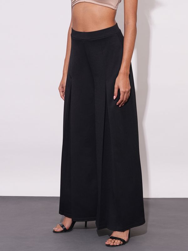 Globus Women Black Mid-Rise Relaxed Fit Casual Flared Wide Leg Casual Treggings