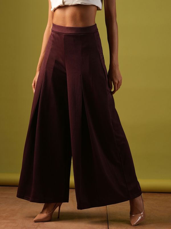 Globus Women Plum Solid Stretchable High-Rise Pleated Flared Wide Leg Workwear Treggings
