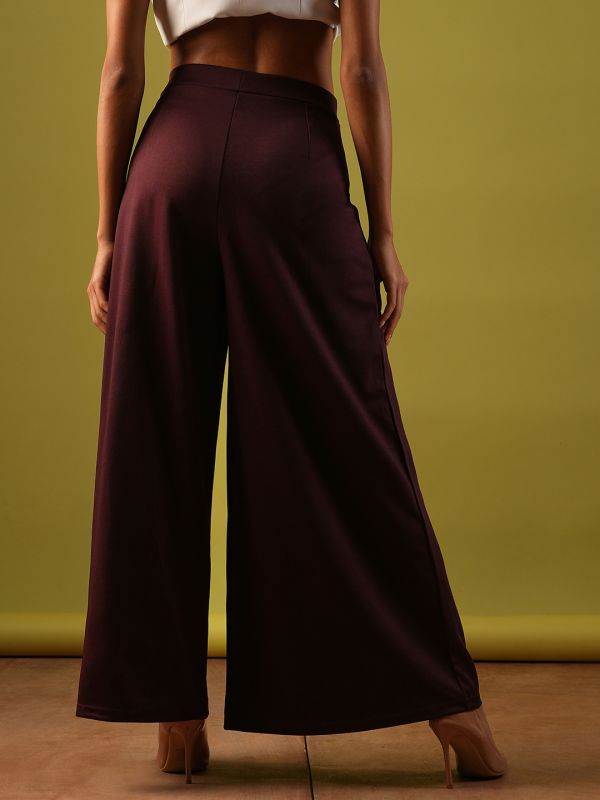 Globus Women Plum Solid Stretchable High-Rise Pleated Flared Wide Leg Workwear Treggings