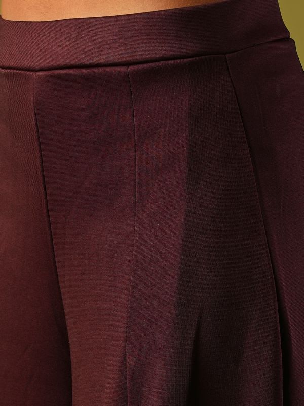 Globus Women Plum Solid Stretchable High-Rise Pleated Flared Wide Leg Workwear Treggings