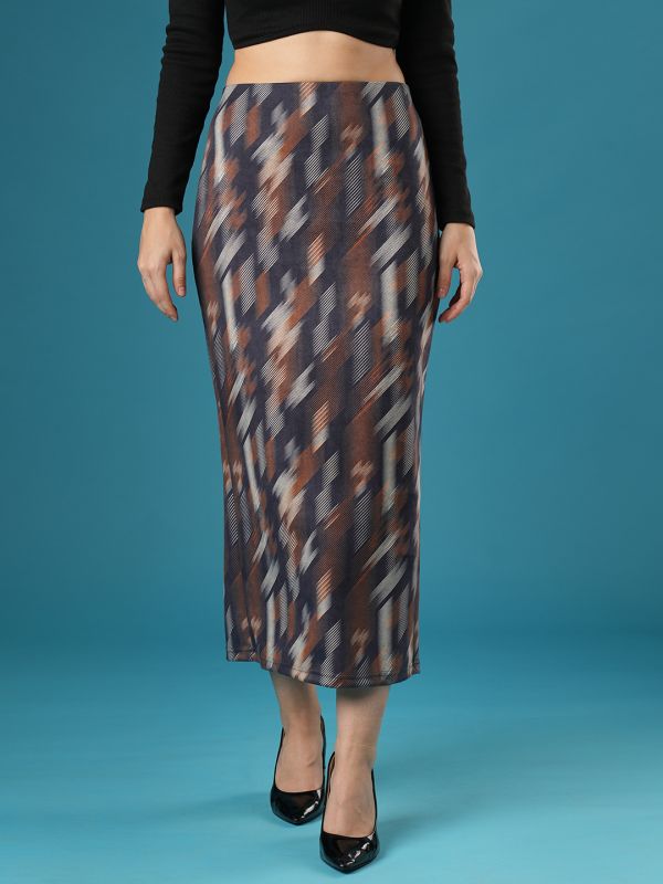 Globus Women Dark Grey Mid-Rise Canvas Hazy Print Back Slit A-Line Midi Skirt