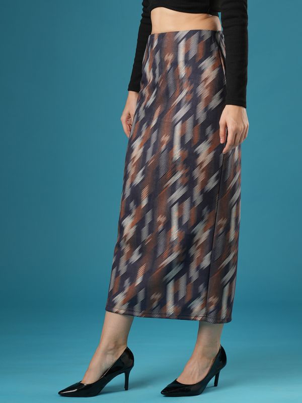 Globus Women Dark Grey Mid-Rise Canvas Hazy Print Back Slit A-Line Midi Skirt