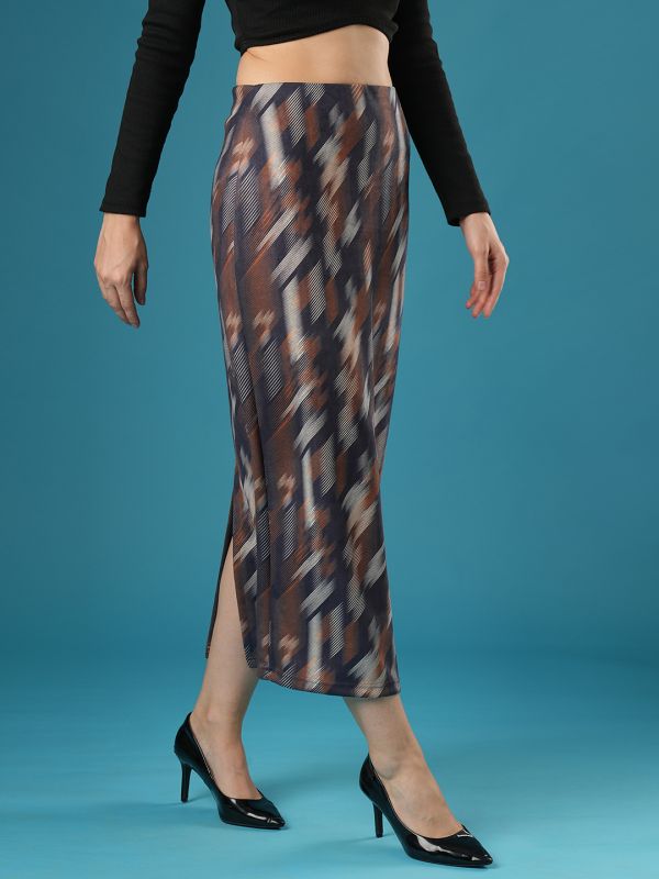 Globus Women Dark Grey Mid-Rise Canvas Hazy Print Back Slit A-Line Midi Skirt