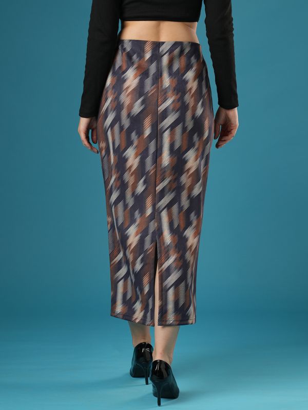 Globus Women Dark Grey Mid-Rise Canvas Hazy Print Back Slit A-Line Midi Skirt
