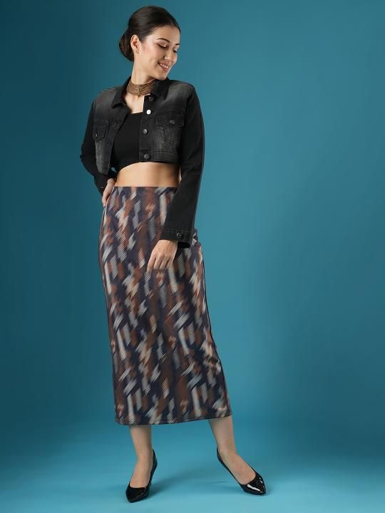 Globus Women Dark Grey Mid-Rise Canvas Hazy Print Back Slit A-Line Midi Skirt