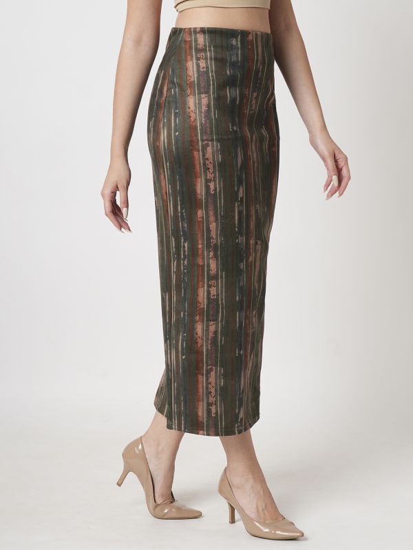 Globus Women Dark Olive High Rise Stretchable Hazy Print Back Slit Workwear Midi Pencil Skirt