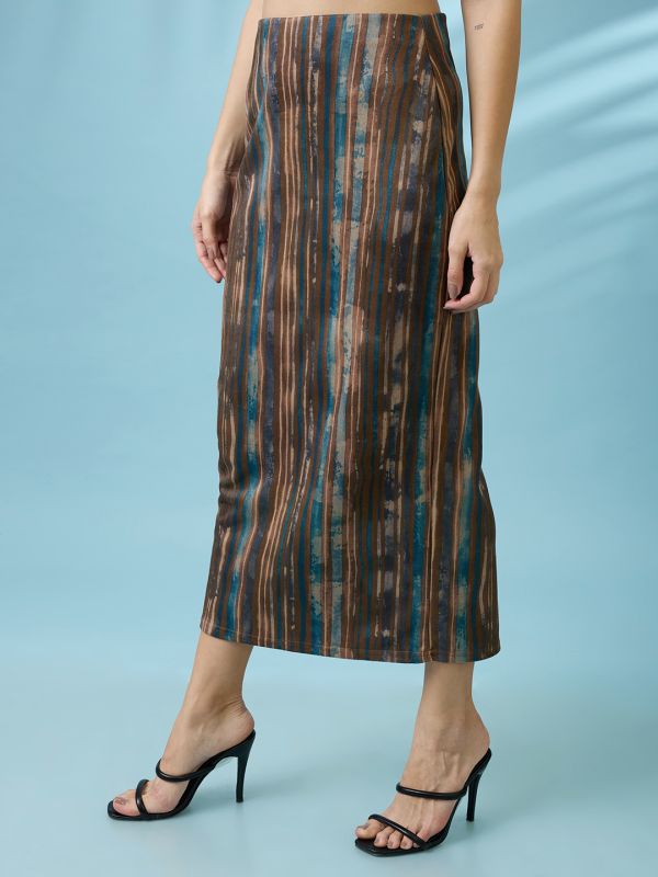 Globus Women Multi Color High Rise Stretchable Hazy Print Back Slit Workwear Midi Pencil Skirt