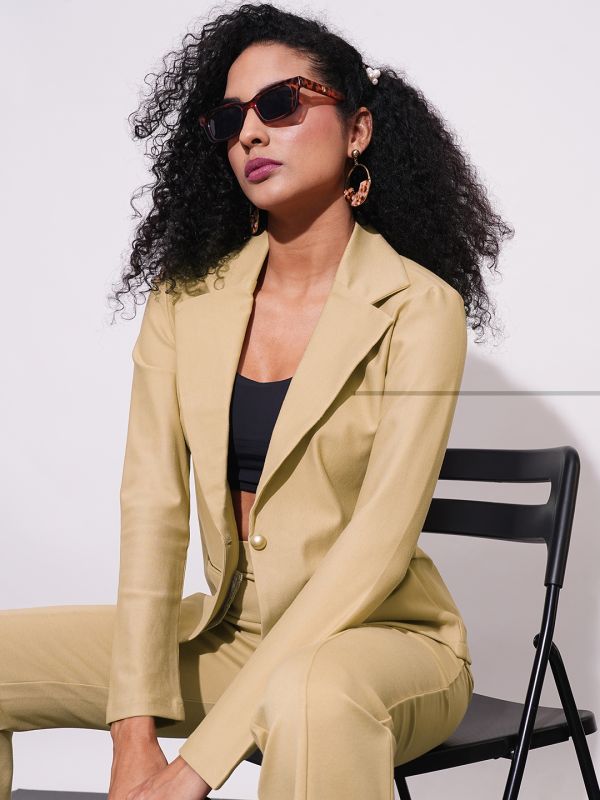 Globus Women Camel Notch Lapel Long Sleeves Stretchable Curved Hem Open Front Workwear Blazer Jacket