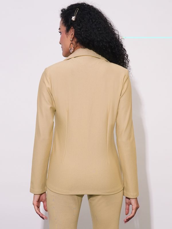 Globus Women Camel Notch Lapel Long Sleeves Stretchable Curved Hem Open Front Workwear Blazer Jacket