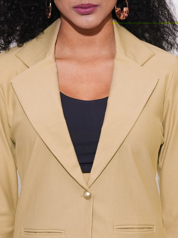 Globus Women Camel Notch Lapel Long Sleeves Stretchable Curved Hem Open Front Workwear Blazer Jacket