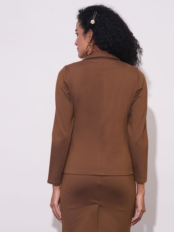 Globus Women Coffee Notch Lapel Long Sleeves Stretchable Straight Hem Open Front Workwear Blazer Jacket