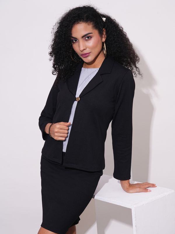 Globus Women Black Notch Lapel Long Sleeves Stretchable Straight Hem Open Front Workwear Blazer Jacket