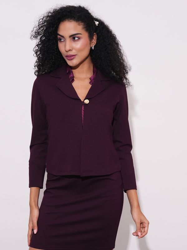 Globus Women Plum Notch Lapel Long Sleeves Stretchable Straight Hem Open Front Workwear Blazer Jacket