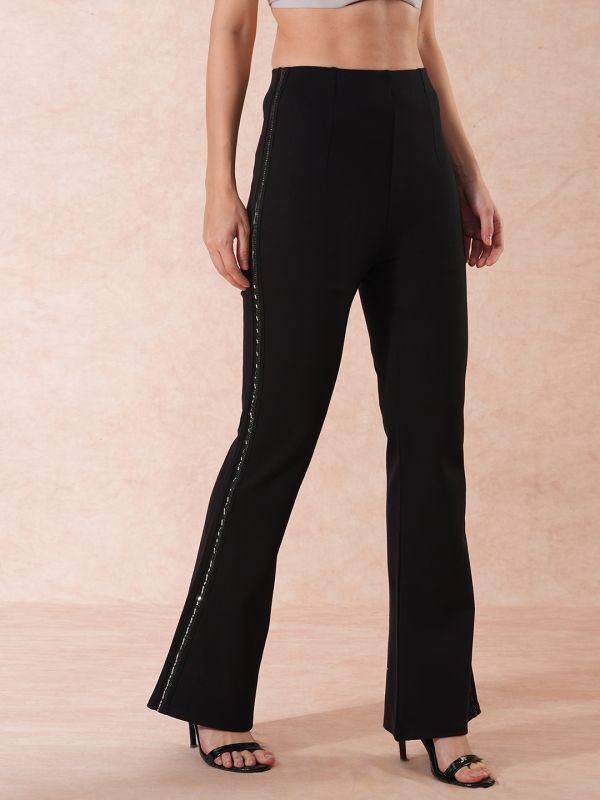 Globus Women Black Stretchable High-Rise Embellished Tape Relaxed Fit Party Treggings
