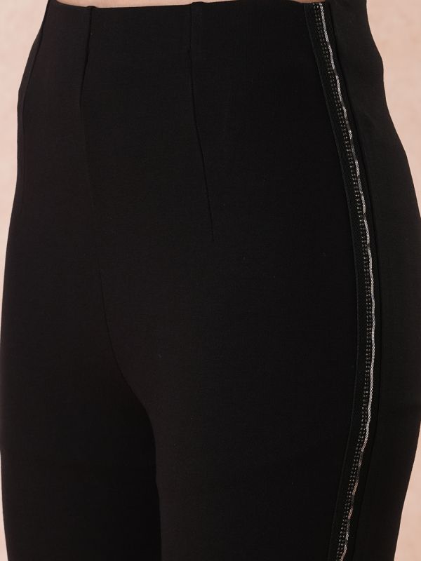 Globus Women Black Stretchable High-Rise Embellished Tape Relaxed Fit Party Treggings