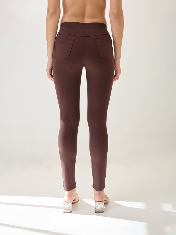 Globus Women Chocolate Stretchable Mid-Rise Skinny Fit Treggings
