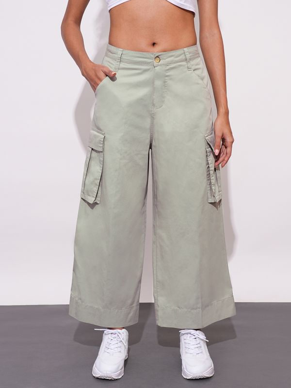 Globus Women Beige Cotton Mid-Rise Cargo Style Wide Leg Trousers