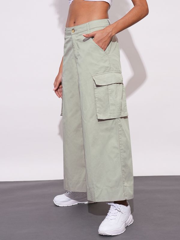 Globus Women Beige Cotton Mid-Rise Cargo Style Wide Leg Trousers