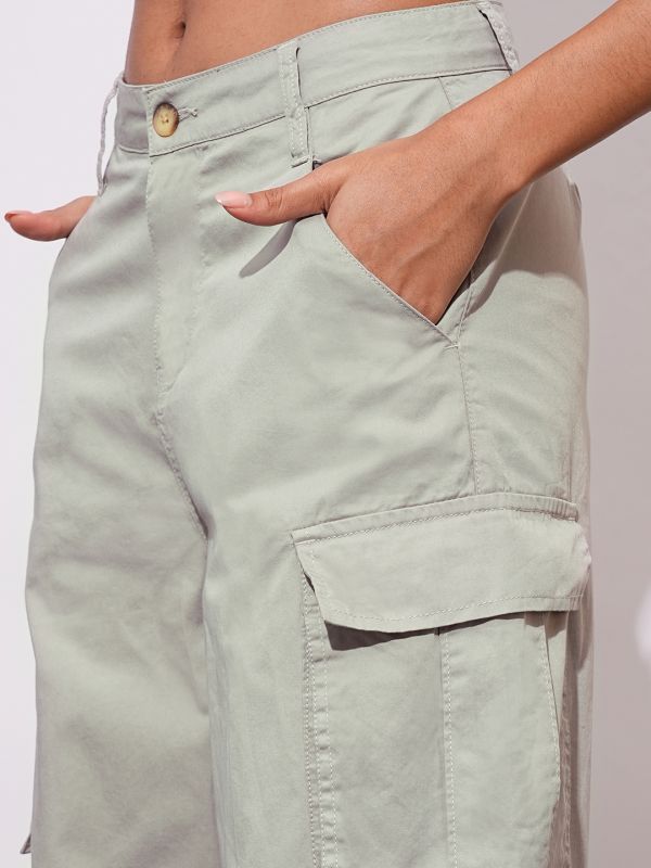 Globus Women Beige Cotton Mid-Rise Cargo Style Wide Leg Trousers