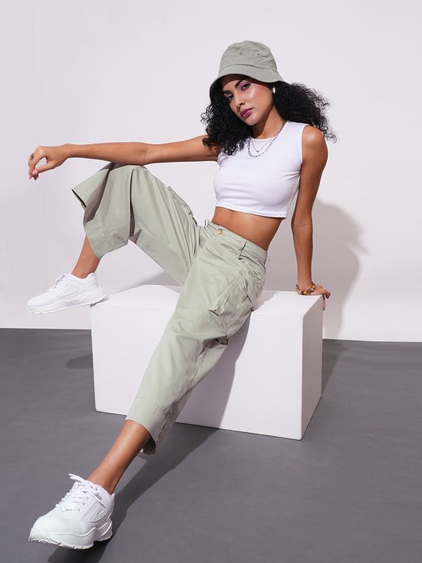 Globus Women Beige Cotton Mid-Rise Cargo Style Wide Leg Trousers