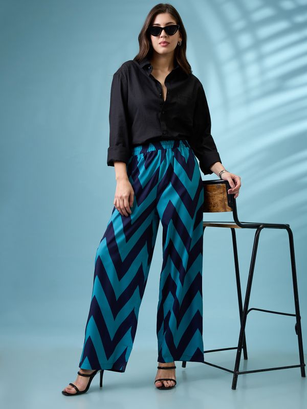 Globus Women Navy Blue Chevron Print Mid Rise Elasticated Wide Leg Trousers