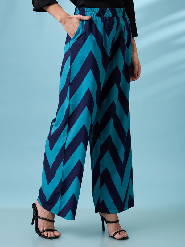 Globus Women Navy Blue Chevron Print Mid Rise Elasticated Wide Leg Trousers