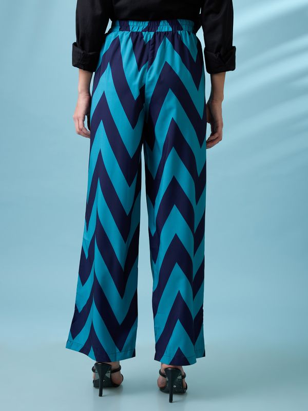 Globus Women Navy Blue Chevron Print Mid Rise Elasticated Wide Leg Trousers
