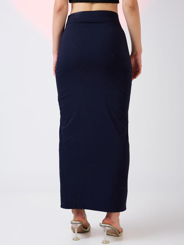 Globus Women Navy High Rise Side Slit Bling Effect Maxi Pencil Party Skirt