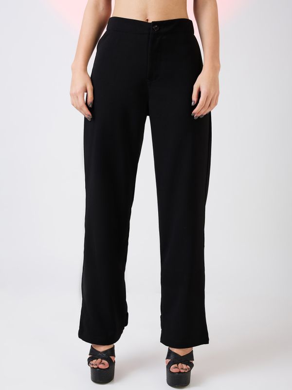 Globus Women Black Mid Rise Relaxed Fit Adjustable Hem Workwear Korean Pants