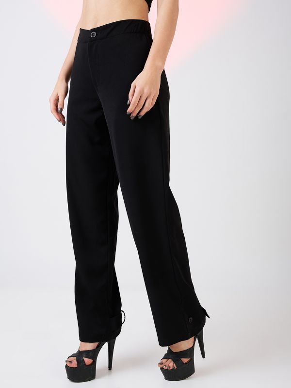 Globus Women Black Mid Rise Relaxed Fit Adjustable Hem Workwear Korean Pants