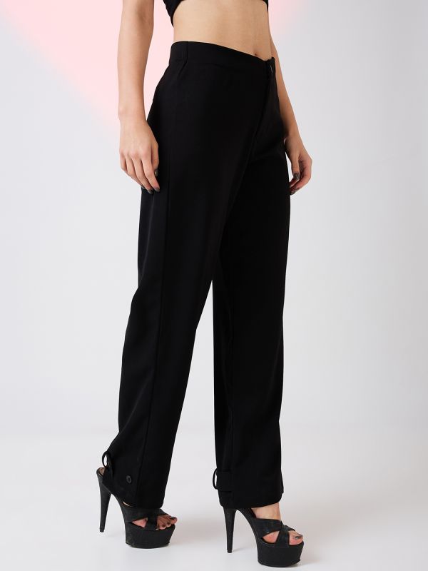 Globus Women Black Mid Rise Relaxed Fit Adjustable Hem Workwear Korean Pants