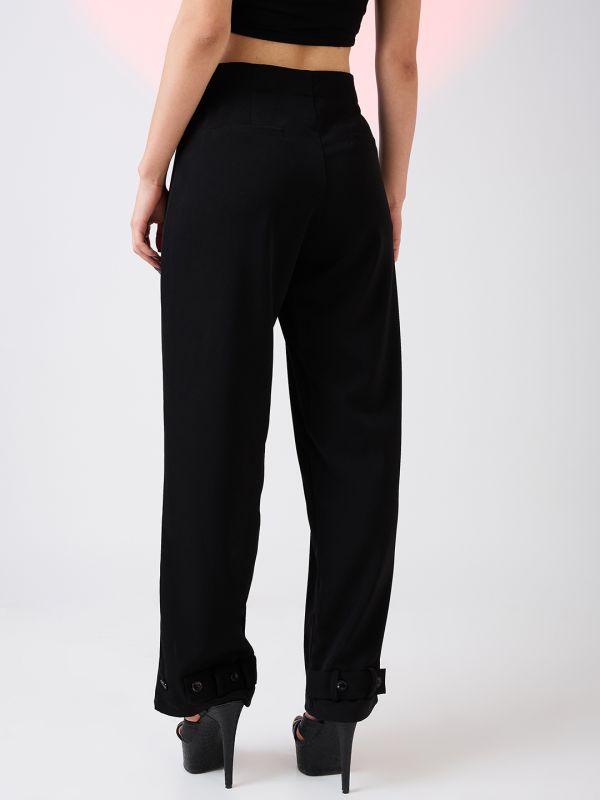 Globus Women Black Mid Rise Relaxed Fit Adjustable Hem Workwear Korean Pants
