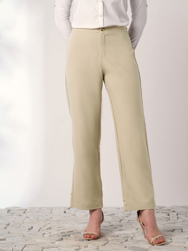 Globus Women Light Beige Mid Rise Straight Fit Adjustable Button Hem Korean Pants