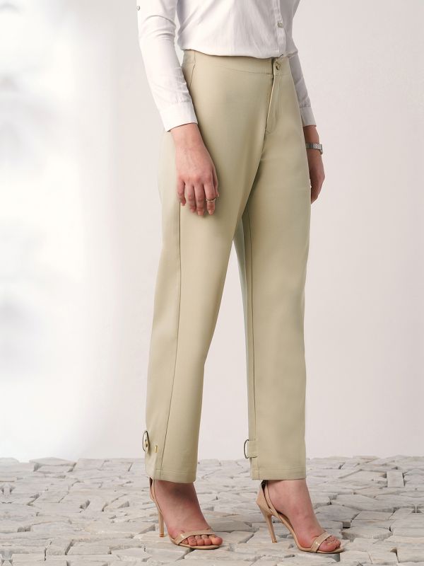 Globus Women Light Beige Mid Rise Straight Fit Adjustable Button Hem Korean Pants