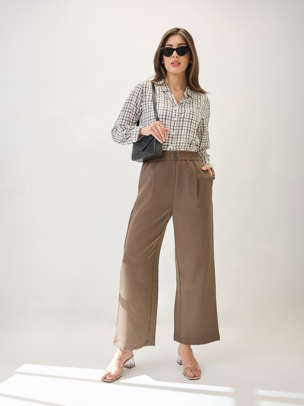 Globus Women Olive Solid Relaxed Fit Mid Rise Elasticated Waist Korean Pant