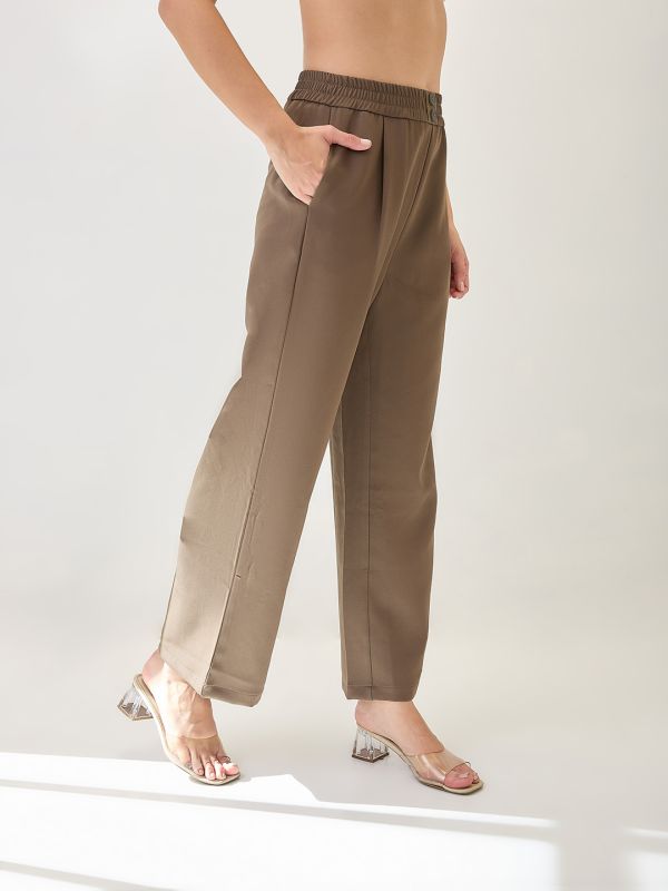 Globus Women Olive Solid Relaxed Fit Mid Rise Elasticated Waist Korean Pant