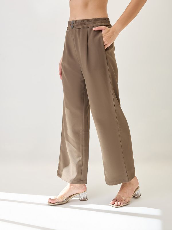 Globus Women Olive Solid Relaxed Fit Mid Rise Elasticated Waist Korean Pant