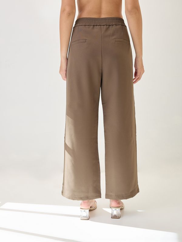 Globus Women Olive Solid Relaxed Fit Mid Rise Elasticated Waist Korean Pant