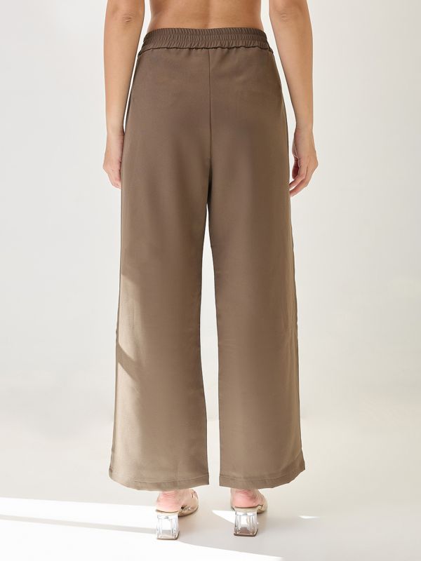 Globus Women Olive Solid Relaxed Fit Mid Rise Elasticated Waist Korean Pant