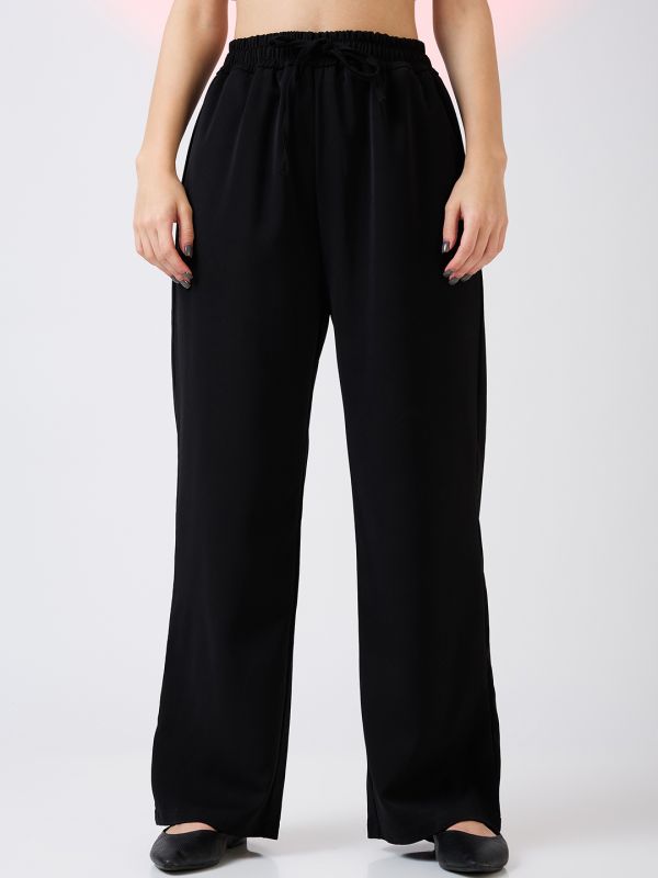 Globus Women Black Mid Rise Drawstring Waist Workwear Korean Pants