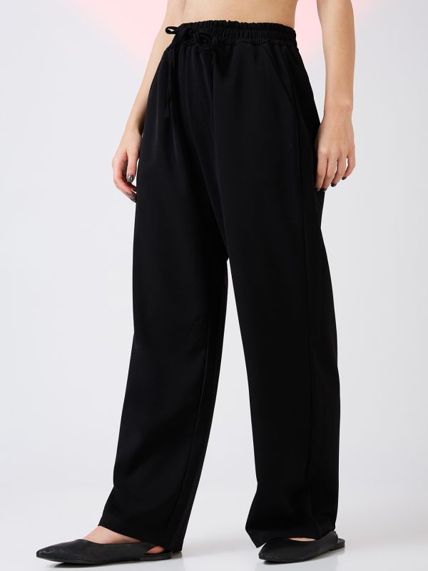 Globus Women Black Mid Rise Drawstring Waist Workwear Korean Pants