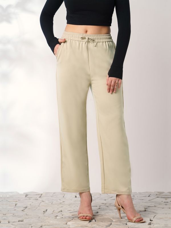 Globus Women Beige Mid Rise Elasticated Waist Relaxed Fit Trousers