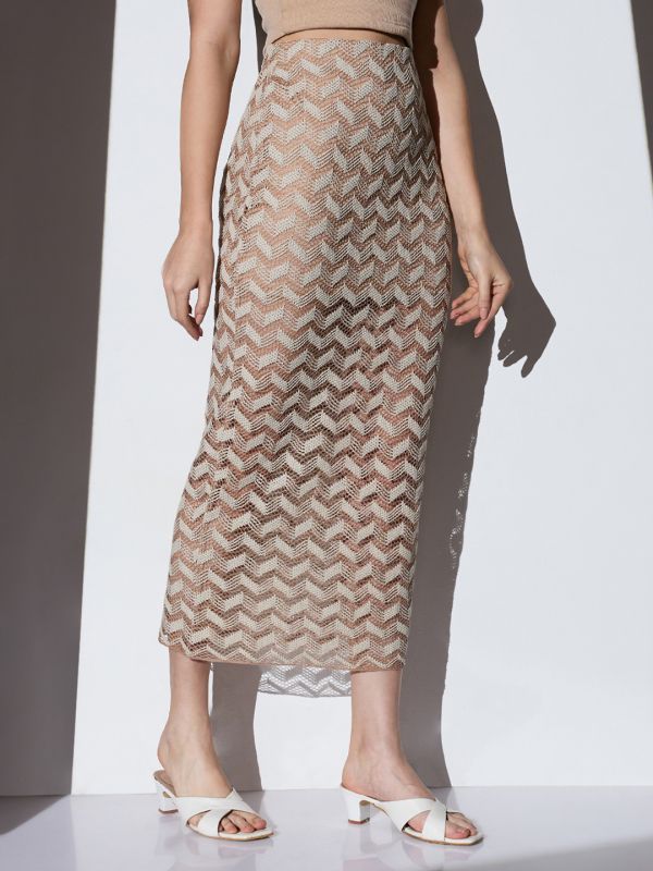 Globus Women Beige Chevron Pattern Crochet Mid Rise Side Slit Beach Pencil Midi Skirt