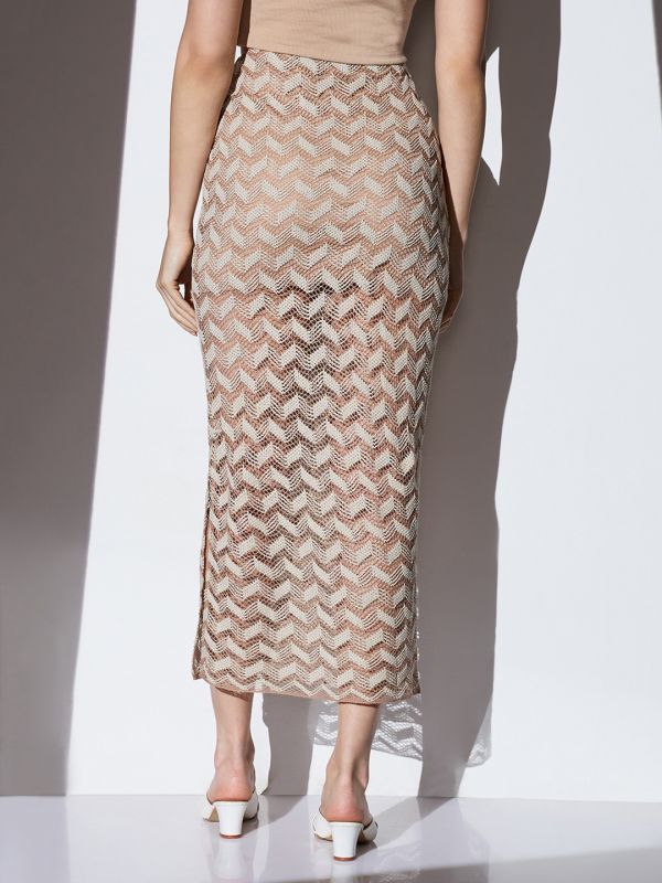 Globus Women Beige Chevron Pattern Crochet Mid Rise Side Slit Beach Pencil Midi Skirt