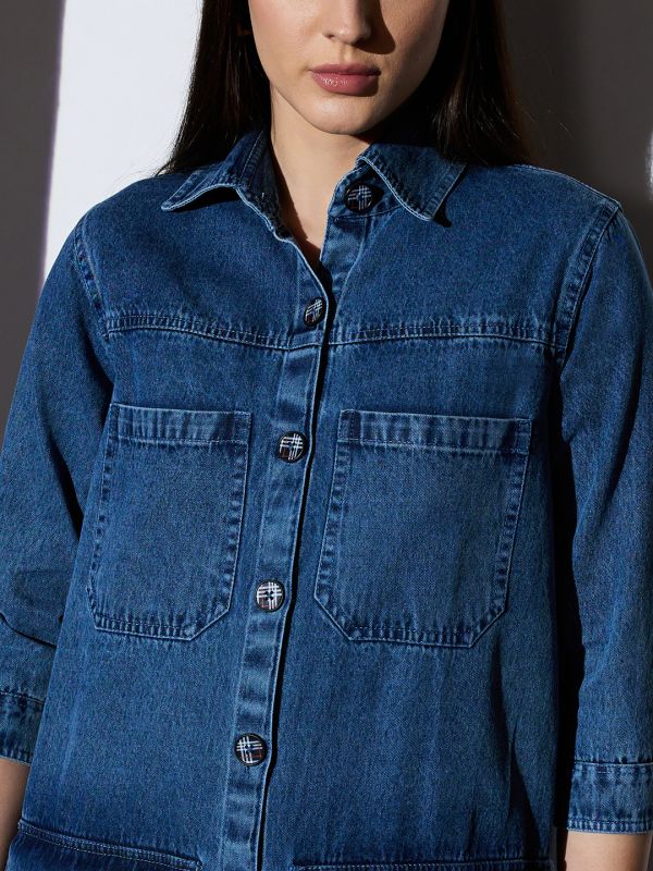 Globus Women Med Blue Collared Neck Cuffed Sleeves Front Utility Pockets Mini Denim Shirt Dress