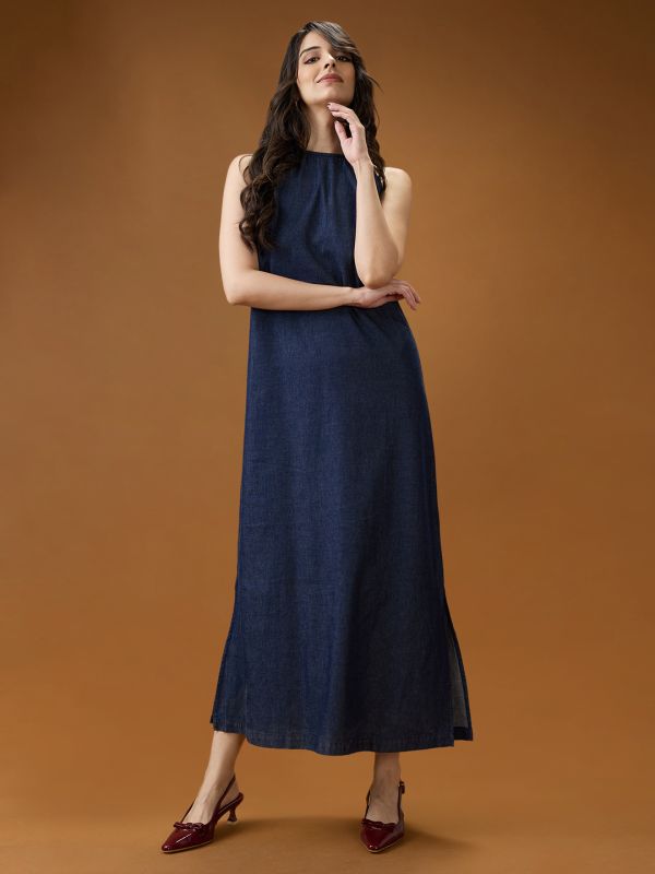 Globus Women Dark Blue Round Neck Sleeveless Solid A-Line Maxi Dress