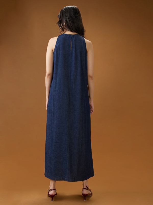 Globus Women Dark Blue Round Neck Sleeveless Solid A-Line Maxi Dress